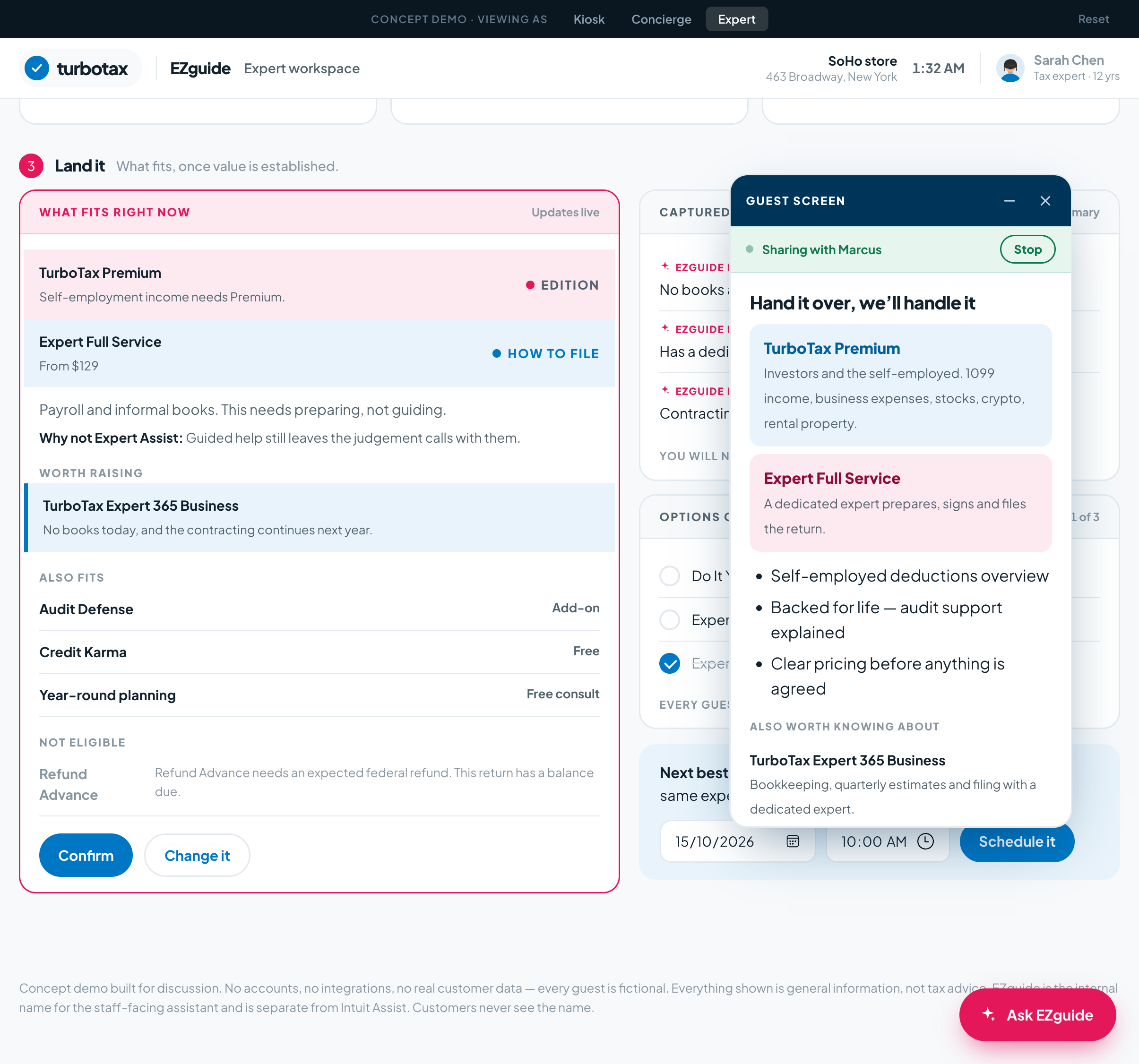 The guest screen: Sharing with Marcus, TurboTax Premium and Expert Full Service explained in plain terms